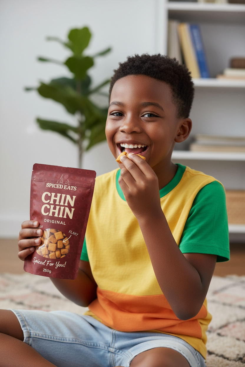 Happy child eating Spiced Eats Chin Chin
